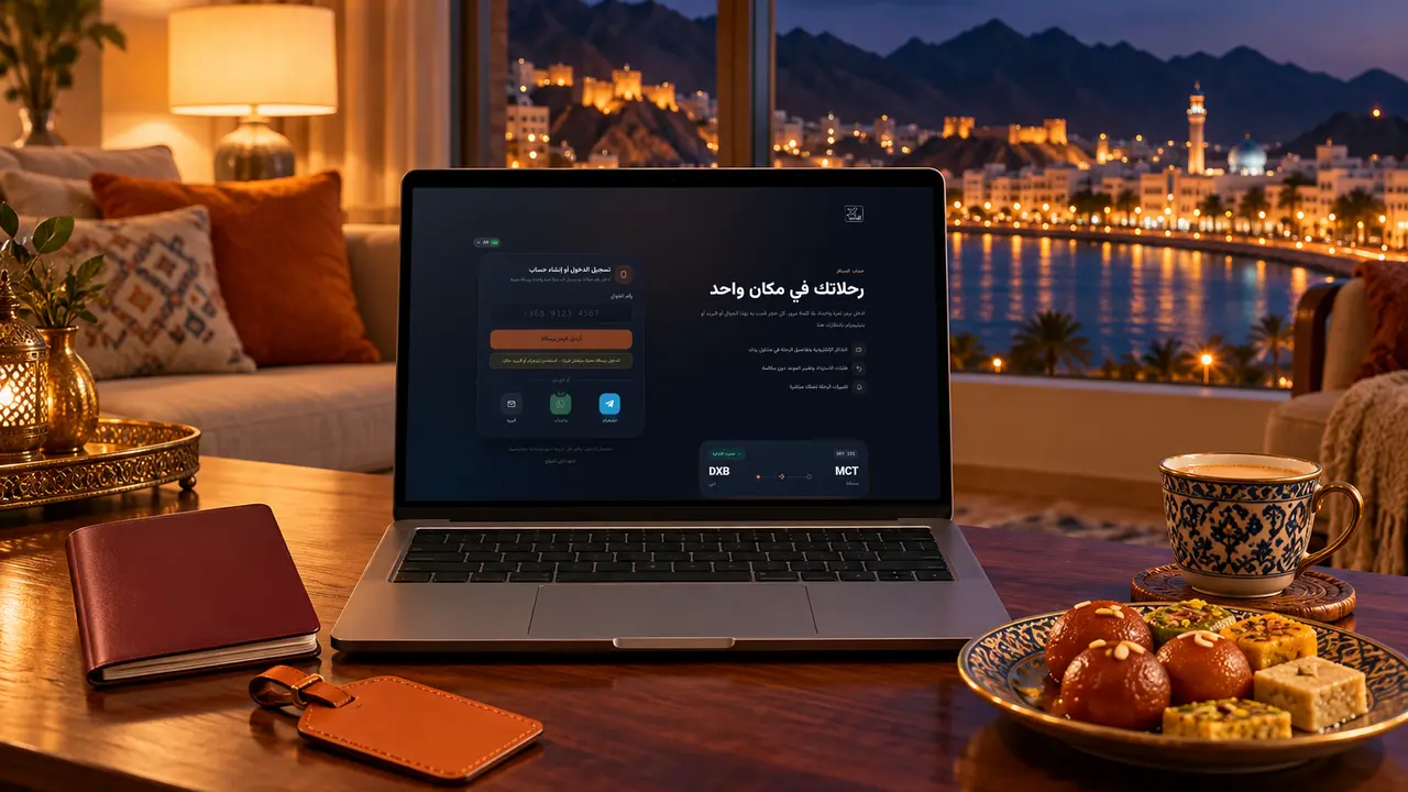 حاسوب محمول في غرفة جلوس في مسقط عند الغسق يعرض طريقة إنشاء حساب مسافر مجاني على SKY LINE TRAVEL