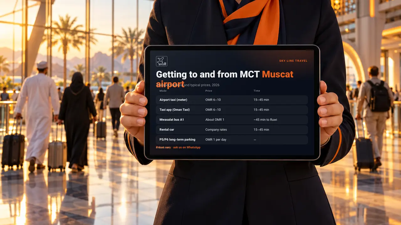 Airport travel-desk staff holding a tablet that shows ways of getting to and from Muscat airport with prices