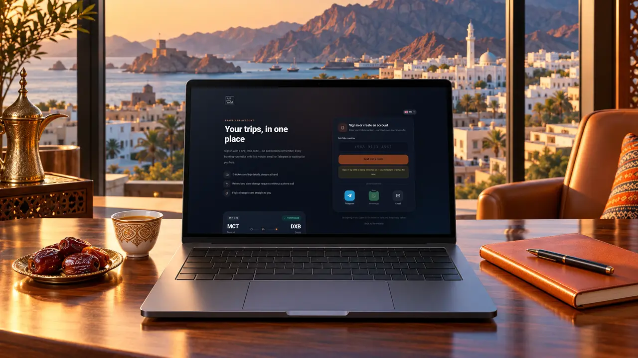 A laptop on a Muscat travel agency desk showing how to create a free SKY LINE TRAVEL traveller account