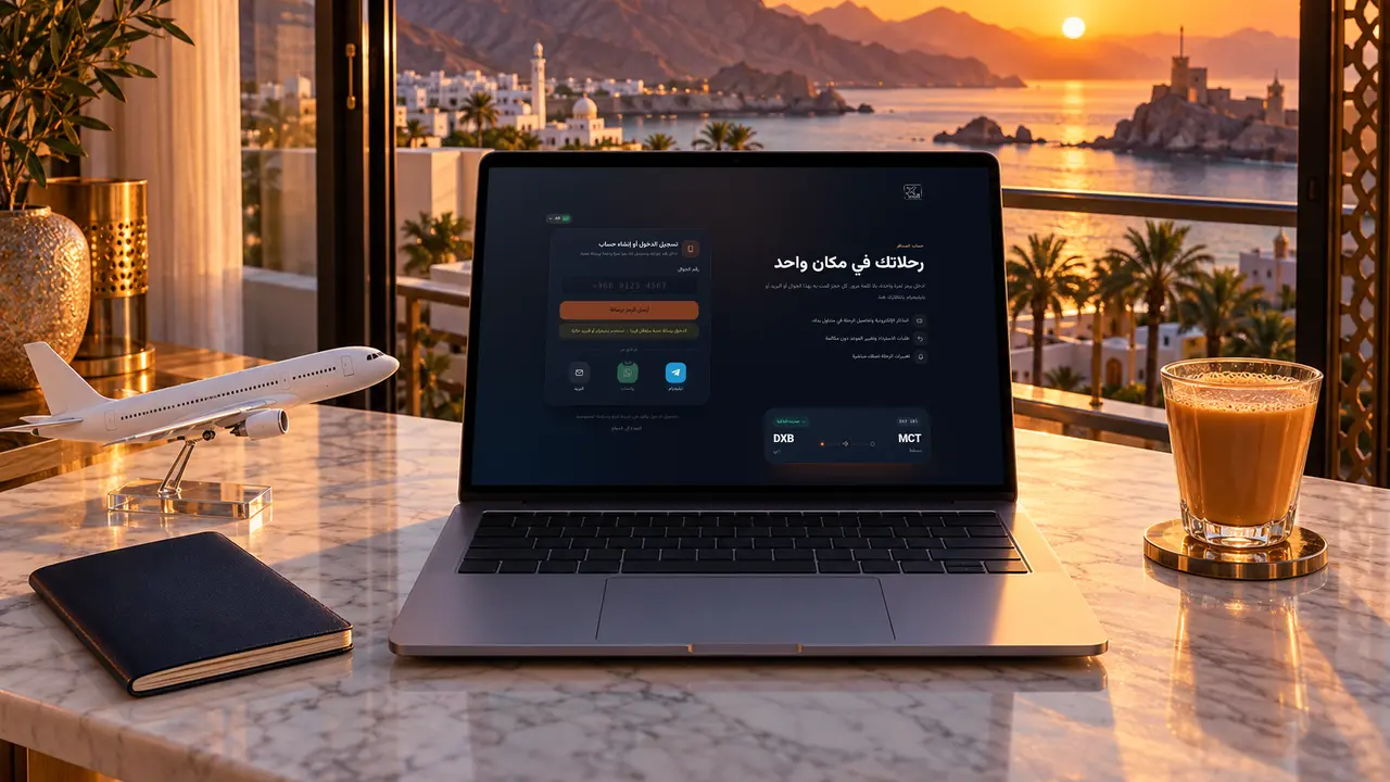 حاسوب محمول في منزل بمسقط يعرض طريقة إنشاء حساب مسافر مجاني على SKY LINE TRAVEL