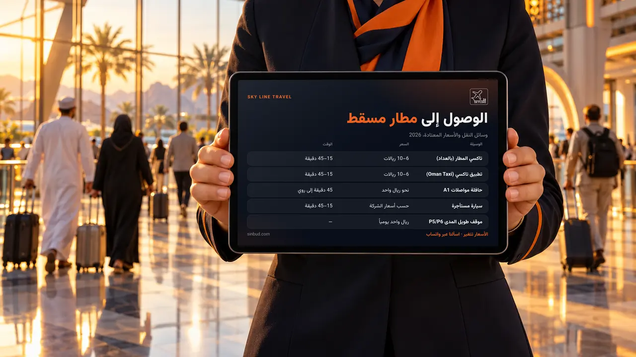 موظف مكتب سفر في المطار يحمل جهازاً لوحياً يعرض وسائل الوصول إلى مطار مسقط ومنه مع الأسعار