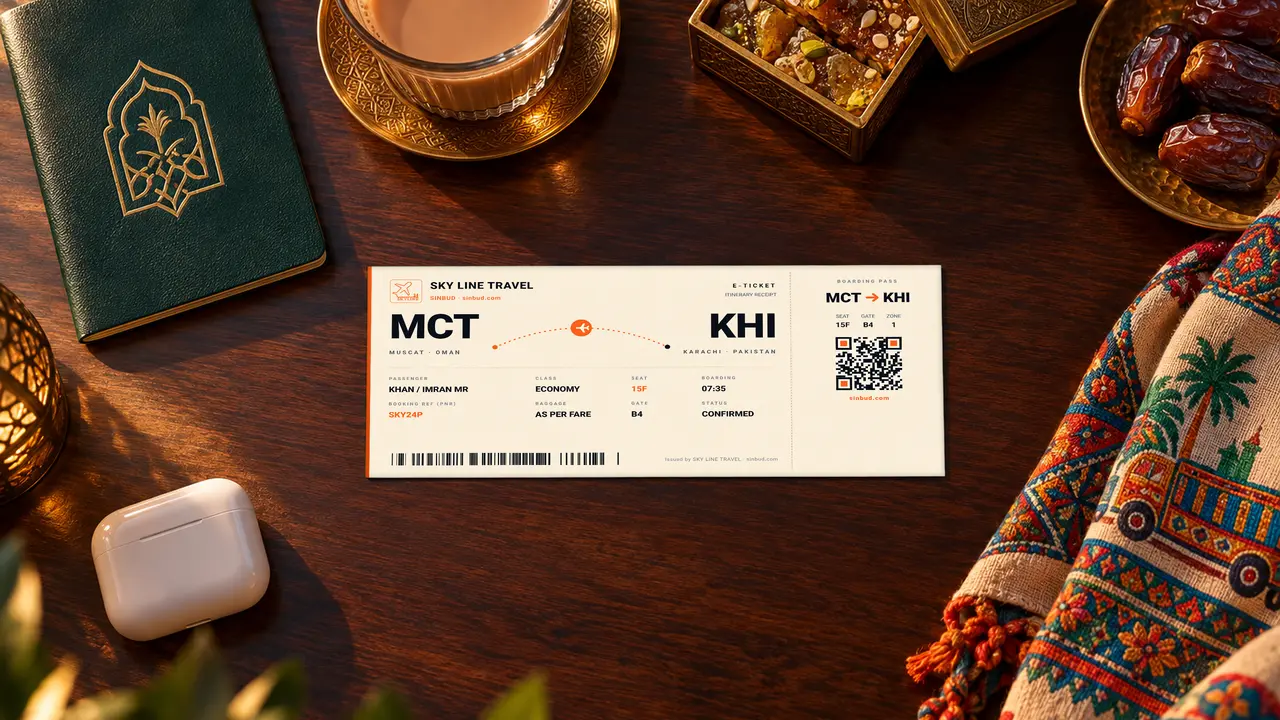 A SKY LINE TRAVEL Muscat to Karachi boarding pass on a walnut desk with a green passport, chai, Omani halwa and dates