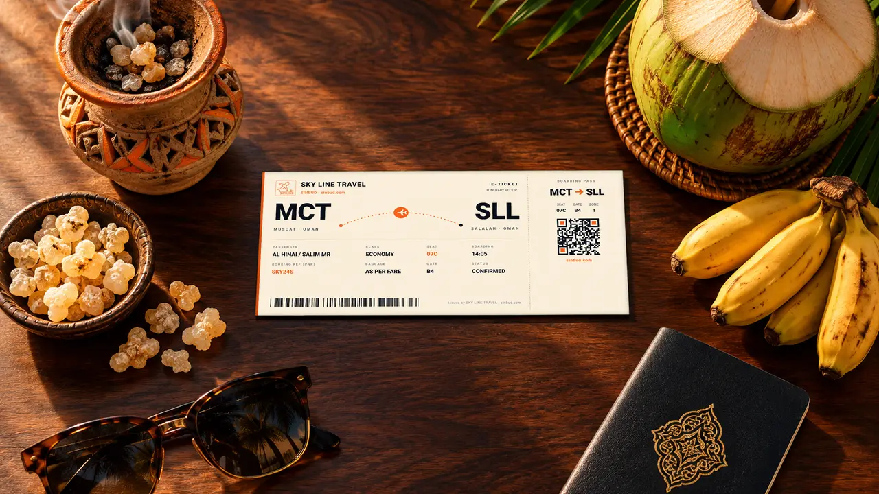 A SKY LINE TRAVEL Muscat to Salalah boarding pass on a walnut desk with a frankincense burner, frankincense resin, a coconut, bananas and a passport