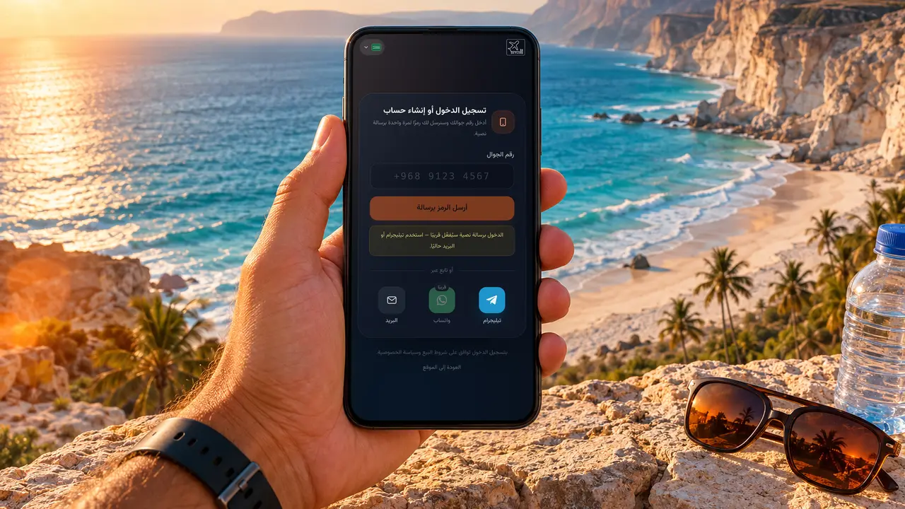 هاتف مرفوع على قمة منحدر فوق شاطئ المغسيل في صلالة، يعرض صفحة حساب المسافر على موقع SKY LINE TRAVEL