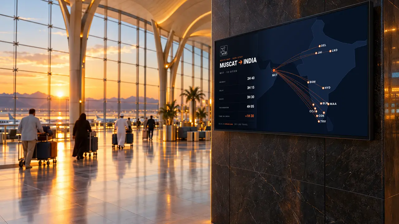 A screen in Muscat airport showing a map of non-stop flights from Muscat to fourteen Indian cities with flight times