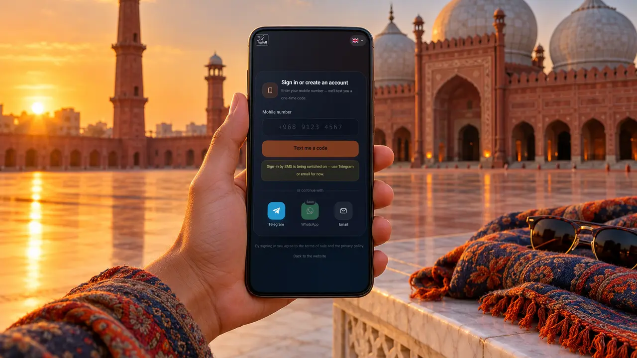 A phone held up in the courtyard of the Badshahi Mosque in Lahore, showing the SKY LINE TRAVEL traveller account page