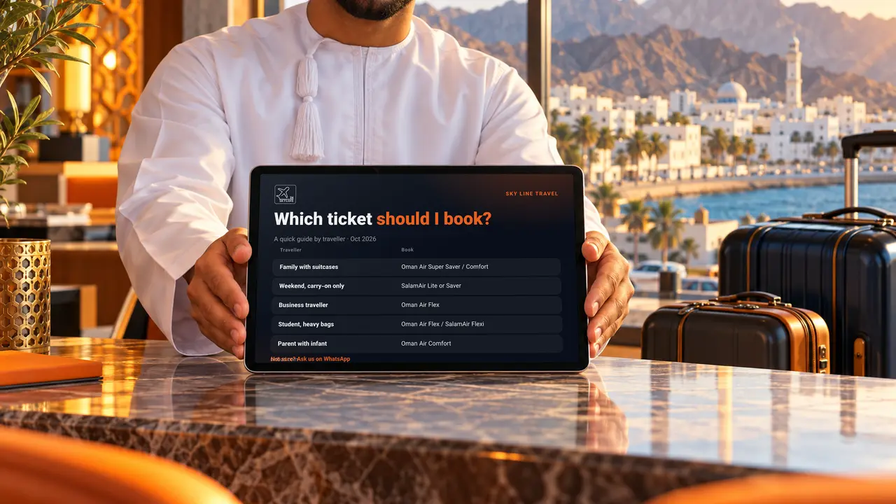 A travel agent in Muscat holding a tablet with a “Which ticket should I book?” guide for different travellers
