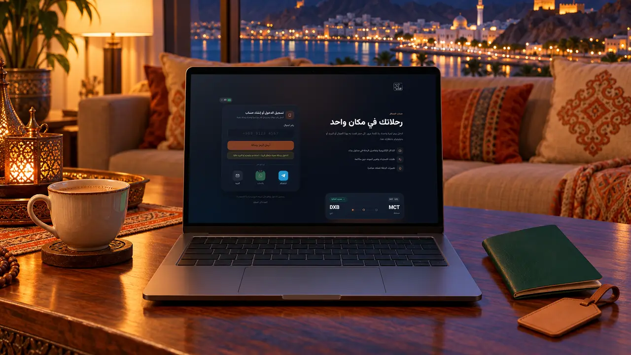حاسوب محمول في غرفة جلوس في مسقط عند الغروب يعرض طريقة إنشاء حساب مسافر مجاني على SKY LINE TRAVEL