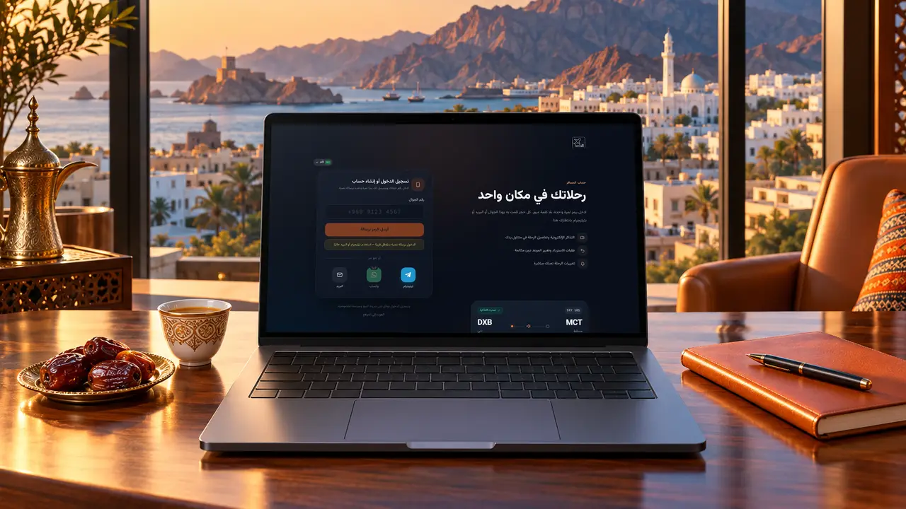 حاسوب محمول على مكتب وكالة سفر في مسقط يعرض طريقة إنشاء حساب مسافر مجاني على SKY LINE TRAVEL