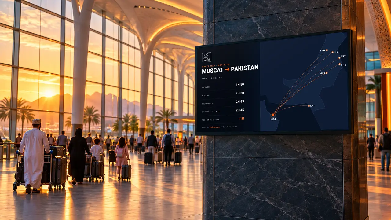 A screen in Muscat airport showing a map of non-stop flights from Muscat to six Pakistani cities with flight times