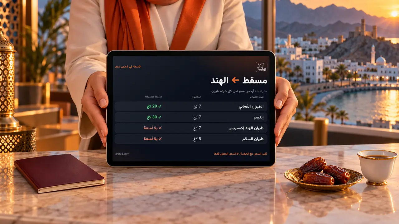 موظف سفر عند مكتب في مسقط يحمل جهازاً لوحياً يقارن الأمتعة المشمولة في أرخص سعر لكل شركة طيران إلى الهند