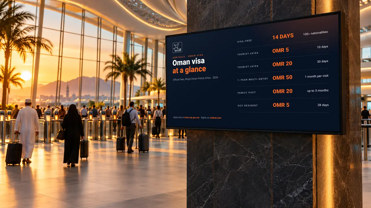 A screen in the Muscat airport arrivals hall showing Oman visa types and fees at a glance