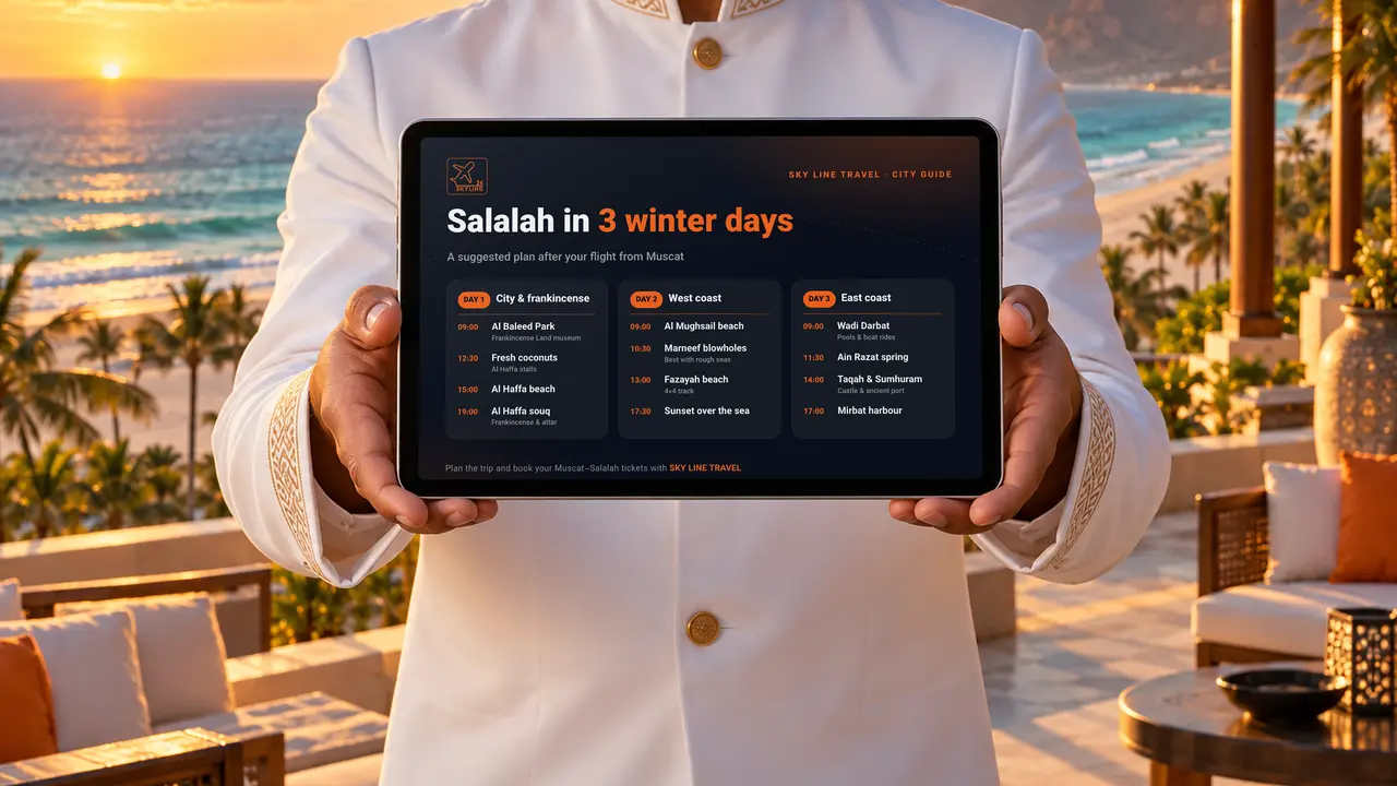 A resort concierge on a Salalah beach terrace holding a tablet with a three-day winter itinerary for Salalah