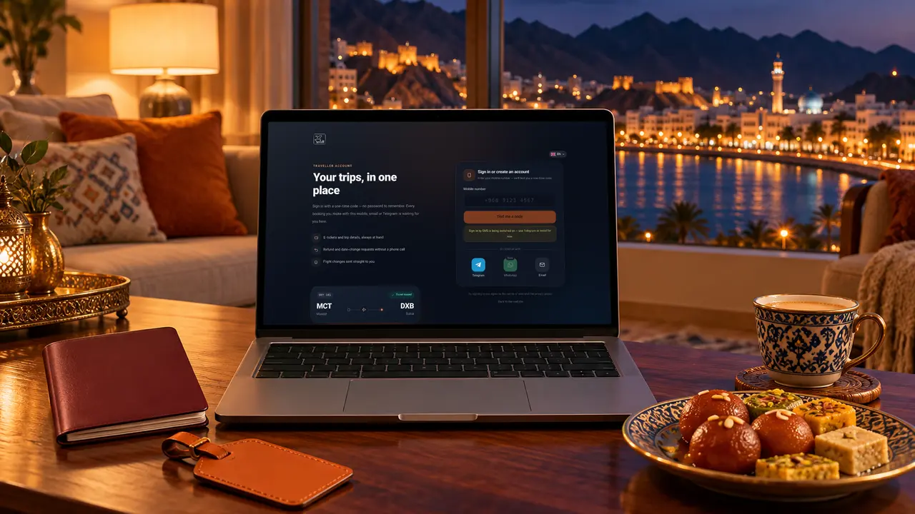 A laptop in a Muscat living room at dusk showing how to create a free SKY LINE TRAVEL traveller account
