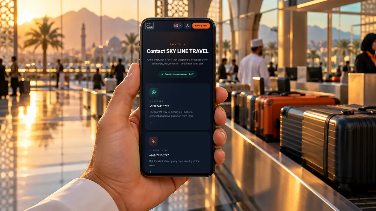 A phone held up at a Muscat airport check-in area, showing the SKY LINE TRAVEL contact page with WhatsApp and phone help