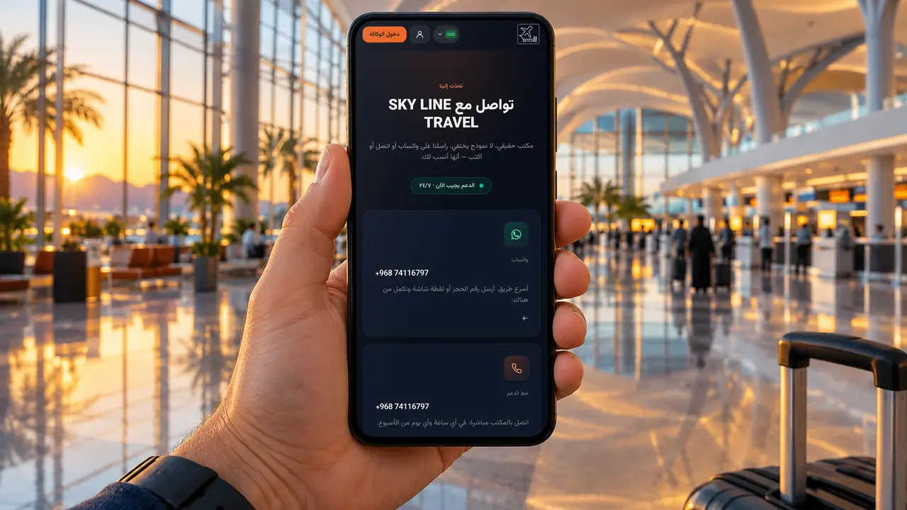 هاتف مرفوع في صالة المغادرة بمطار مسقط يعرض صفحة التواصل في موقع SKY LINE TRAVEL مع المساعدة عبر واتساب والهاتف