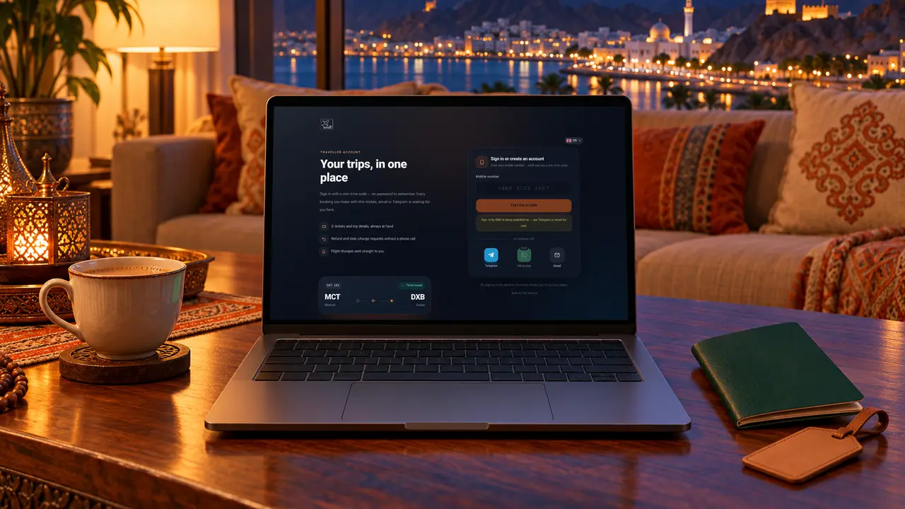 A laptop in a Muscat living room at dusk showing how to create a free SKY LINE TRAVEL traveller account
