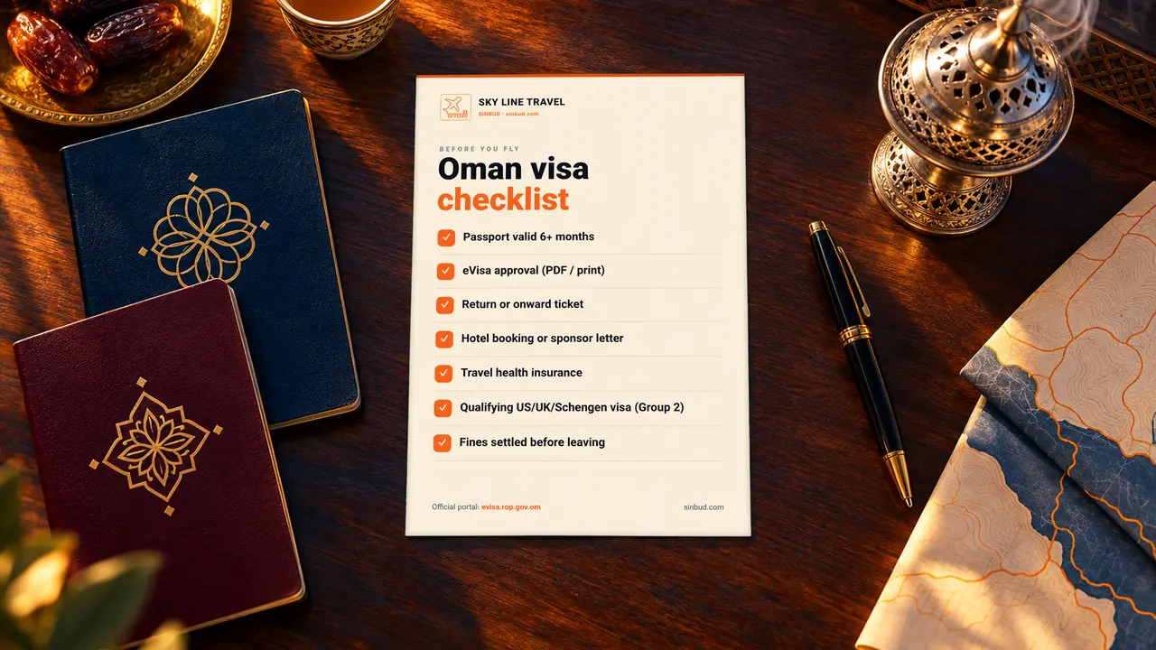A SKY LINE TRAVEL Oman visa document checklist on a walnut desk beside two passports, Omani kahwa, dates and a frankincense burner