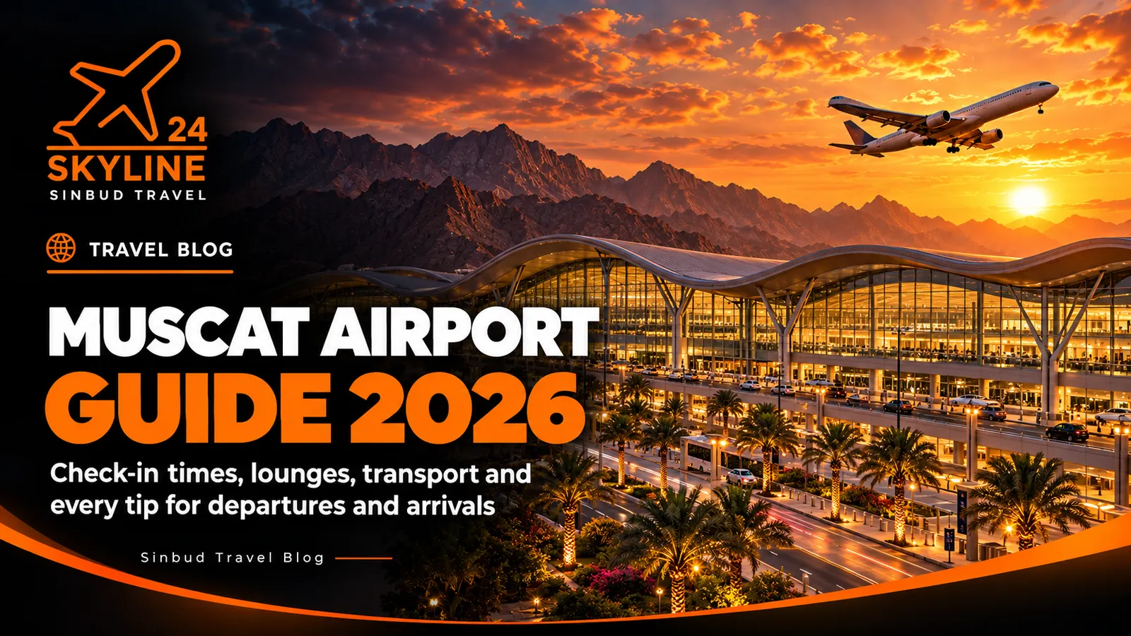 Muscat International Airport’s wave-roof terminal at golden dusk with a jet taking off