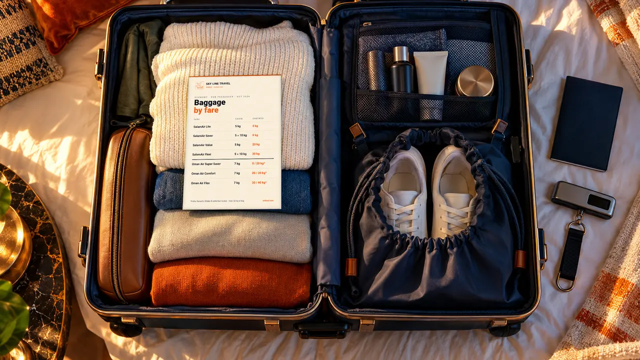 An open suitcase being packed, with a SKY LINE TRAVEL card on top listing cabin and checked baggage in kilos for each fare