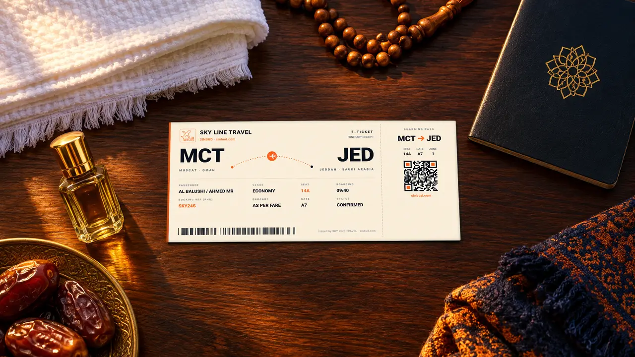 Flat-lay on a desk: white ihram cloth, prayer beads, a passport and a SKY LINE TRAVEL boarding pass from Muscat (MCT) to Jeddah (JED)