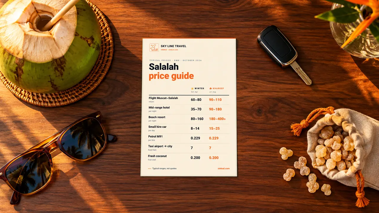 میز اتاق هتلی در صلاله با کارت قیمت SKY LINE TRAVEL که هزینهٔ معمول پرواز، هتل، اجارهٔ خودرو، بنزین، تاکسی و دیدنی‌ها را نشان می‌دهد