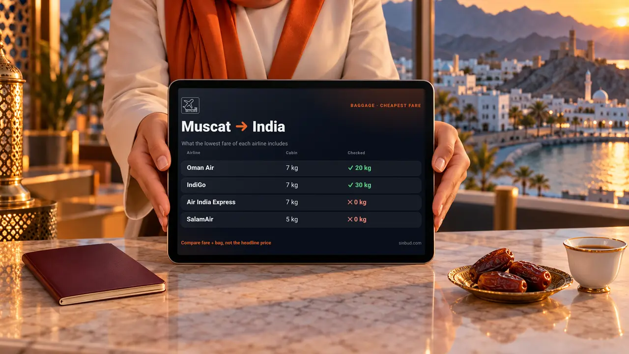 A travel agent at a Muscat counter holding a tablet that compares the baggage included in the cheapest fare of each airline to India