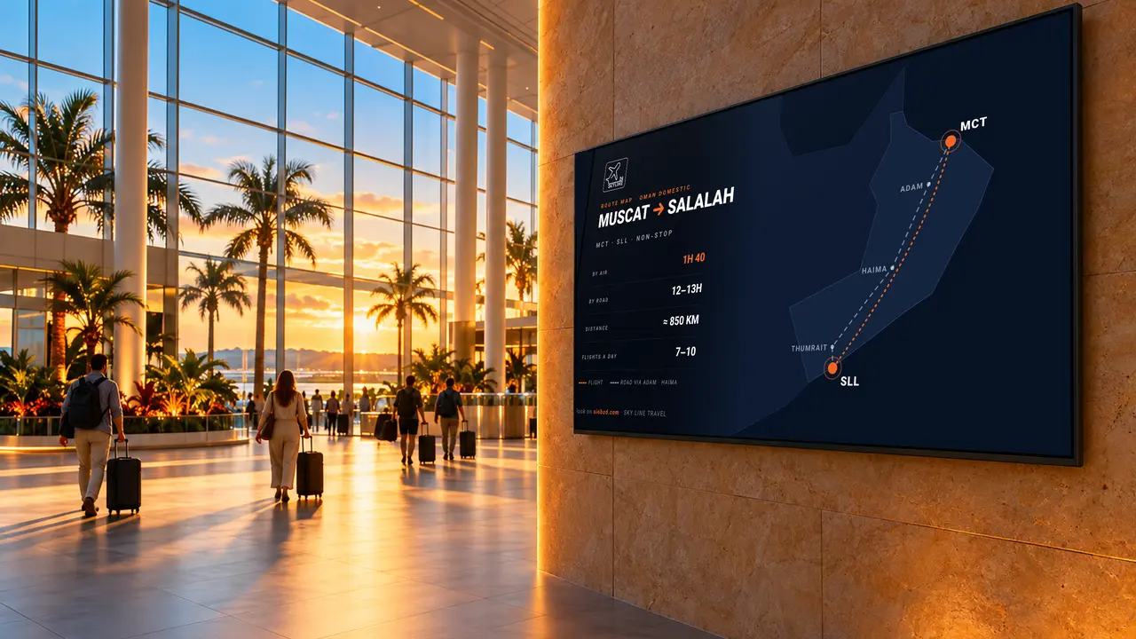An airport screen showing the Muscat to Salalah route map: about 1 hour 40 by air against 12 to 13 hours by road