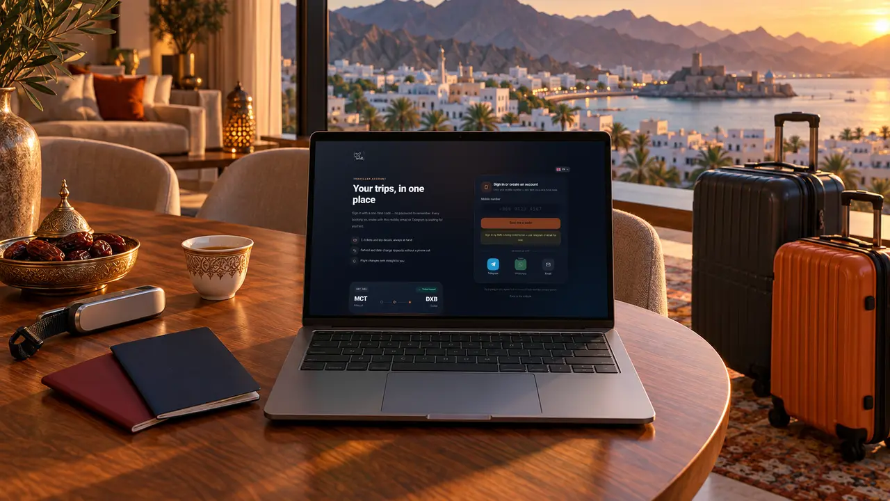 A laptop in a Muscat home showing how to create a free SKY LINE TRAVEL traveller account