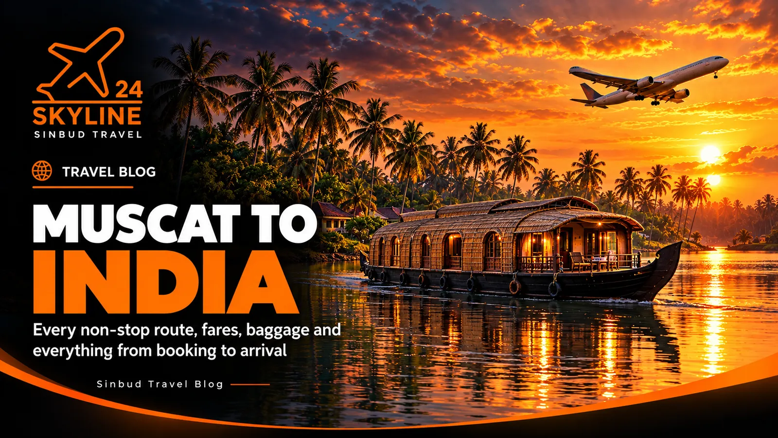 Muscat to India flight guide cover: Kerala backwaters with a houseboat and palm trees at sunset, a jet arriving from Muscat