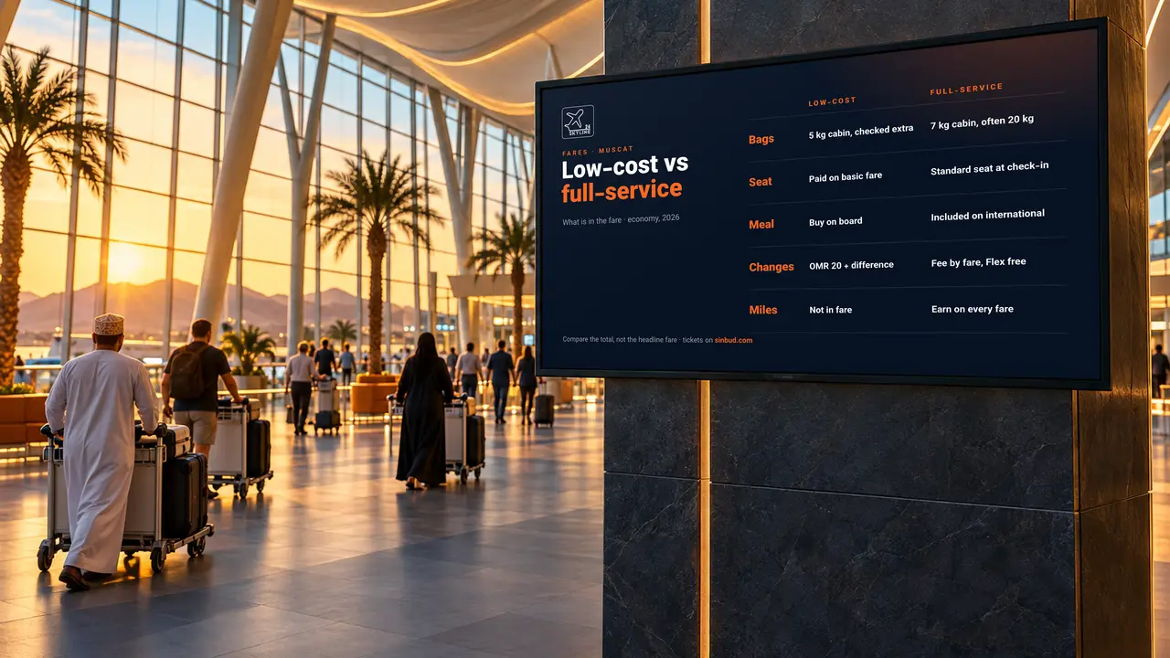 A large display in the Muscat airport hall comparing low-cost and full-service fare bundles: bags, seat, meal and changes