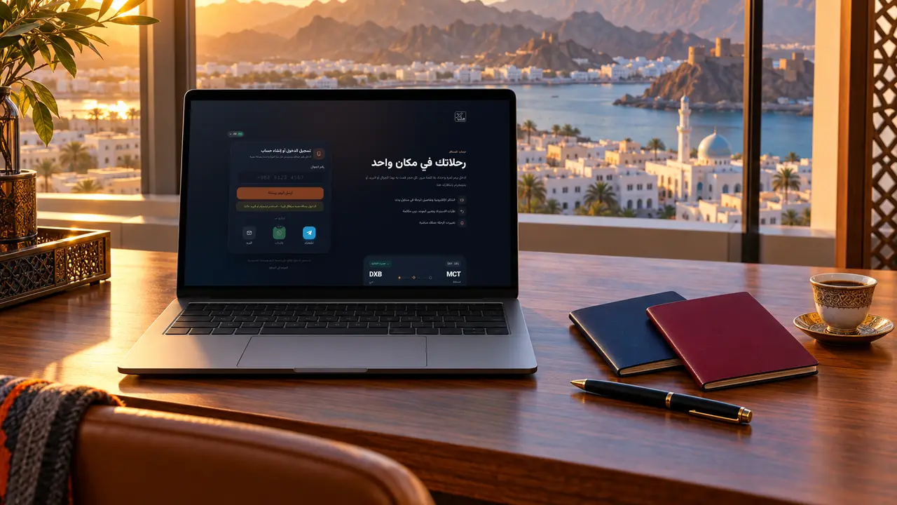 حاسوب محمول في مكتب منزلي بمسقط يعرض طريقة إنشاء حساب مسافر مجاني على SKY LINE TRAVEL