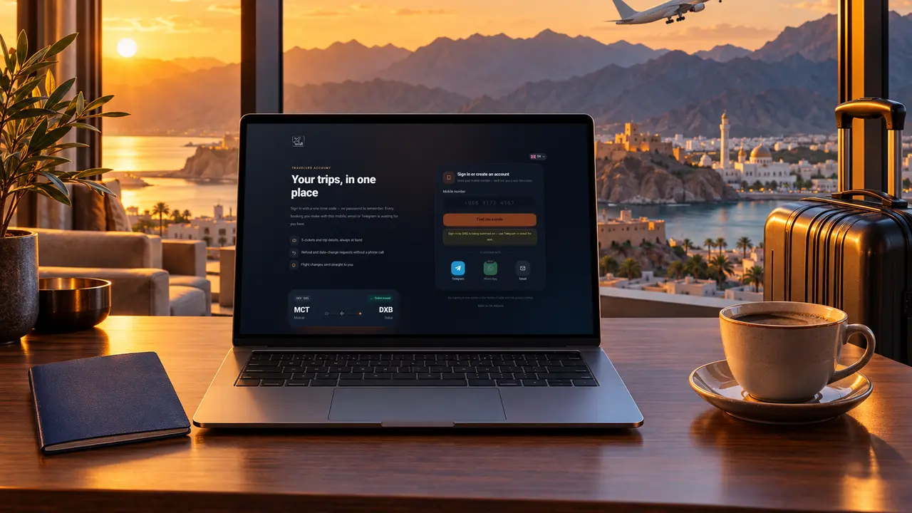 A laptop showing how to create a free SKY LINE TRAVEL traveller account