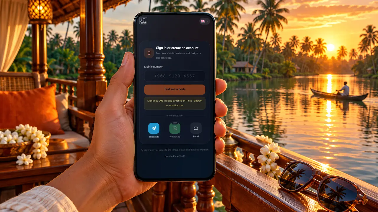 A phone held up on a Kerala houseboat at sunset, showing the SKY LINE TRAVEL traveller account page