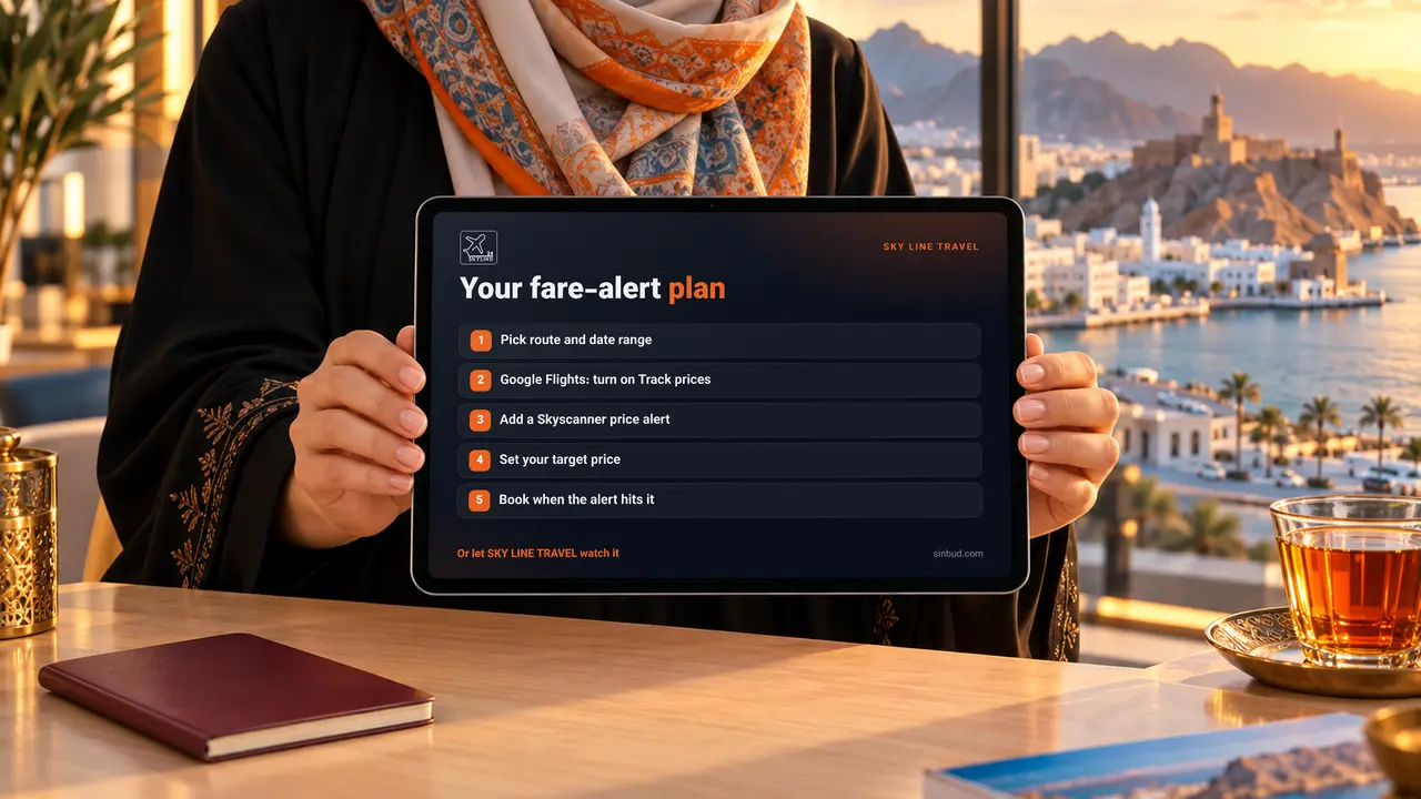 A travel consultant in Muscat holding a tablet with a five-step fare-alert plan for cheaper flights