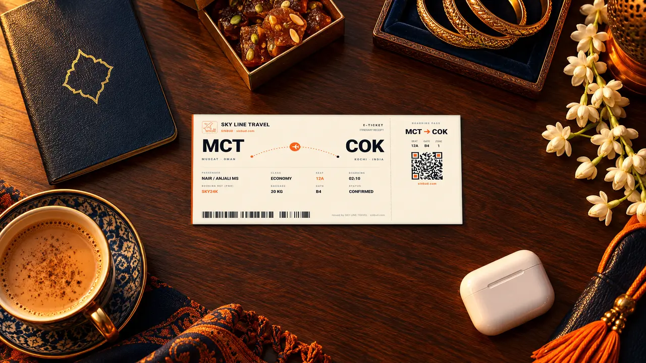 A SKY LINE TRAVEL Muscat to Kochi boarding pass on a walnut desk with a passport, Omani halwa, gold bangles, jasmine and chai