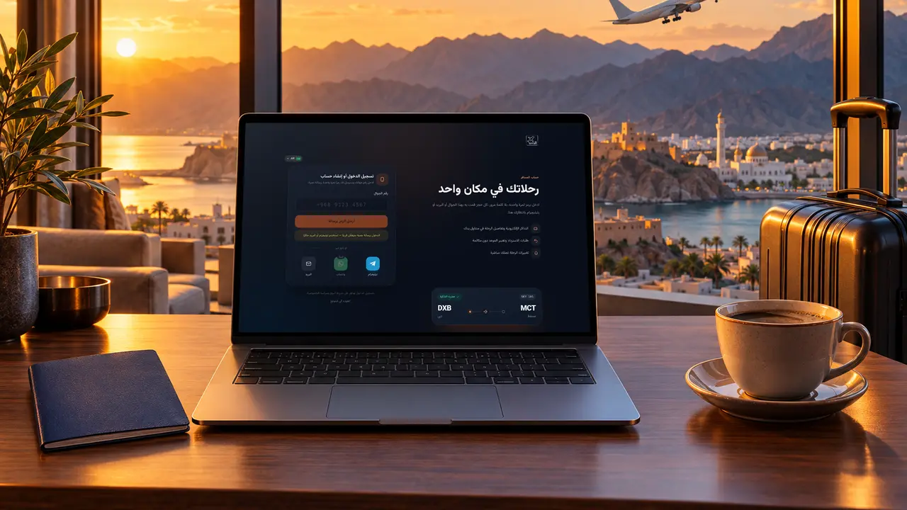 حاسوب محمول يعرض طريقة إنشاء حساب مسافر مجاني على SKY LINE TRAVEL