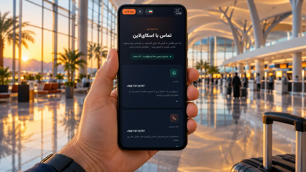 گوشی در دست مسافری در سالن پرواز خروجی فرودگاه مسقط که صفحهٔ تماس SKY LINE TRAVEL را با راه‌های کمک از واتس‌اپ و تلفن نشان می‌دهد