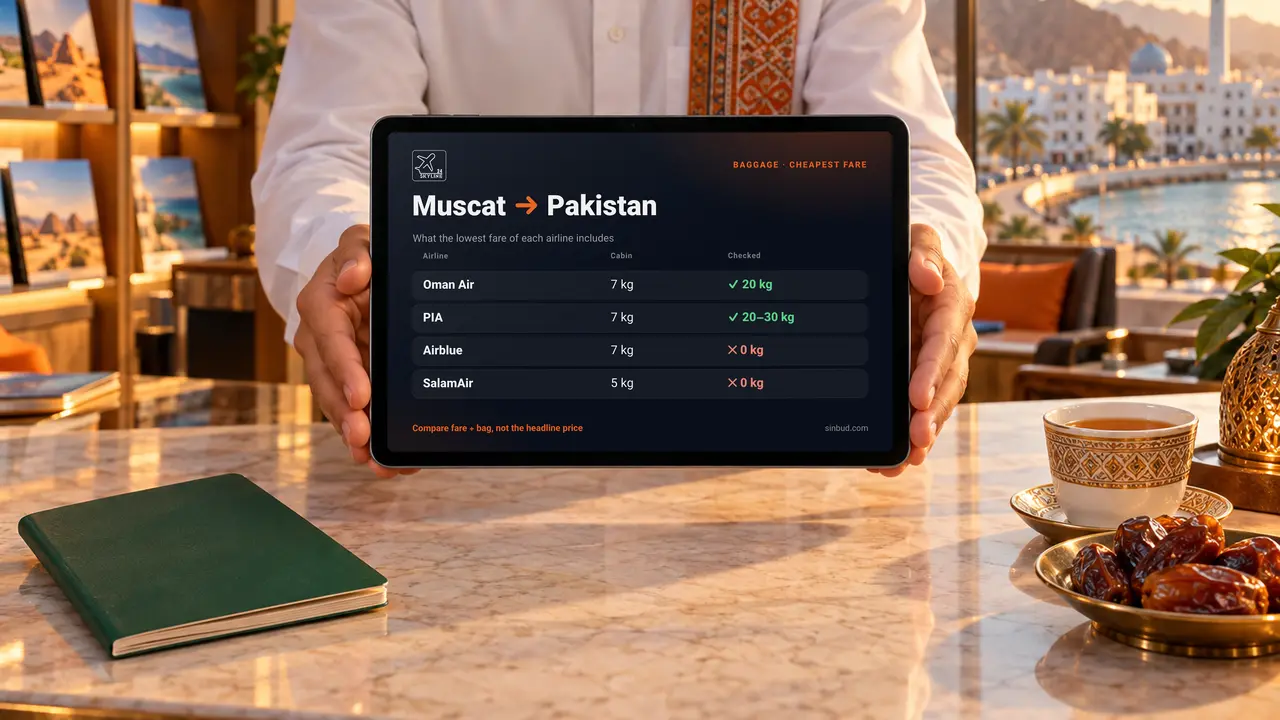 A travel agent at a Muscat counter holding a tablet that compares the baggage on the cheapest fare of each airline to Pakistan