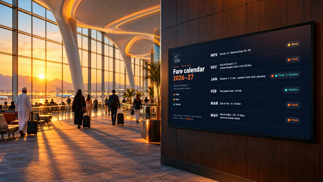 A large display in the Muscat airport hall showing a 2026–27 fare calendar with busy and quiet weeks for flights from Muscat