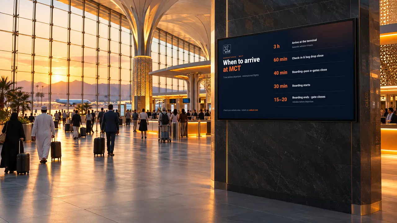 A large display in the Muscat airport hall showing when to arrive for a flight: arrive 3 hours before, check-in closes 60 minutes before, boarding and gate closing times
