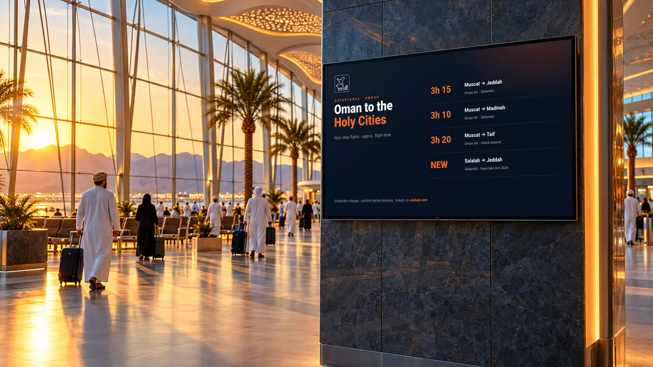 A display in the Muscat airport hall showing a route map of flights from Oman to Jeddah and Madinah with flight times
