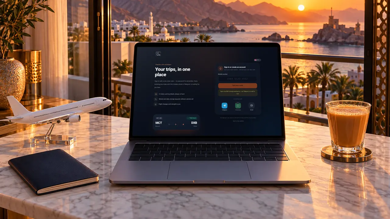 A laptop in a Muscat home showing how to create a free SKY LINE TRAVEL traveller account