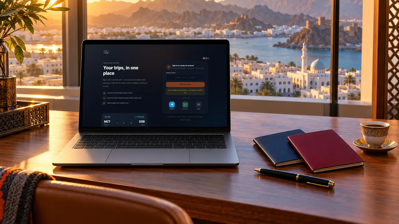 A laptop in a Muscat home office showing how to create a free SKY LINE TRAVEL traveller account
