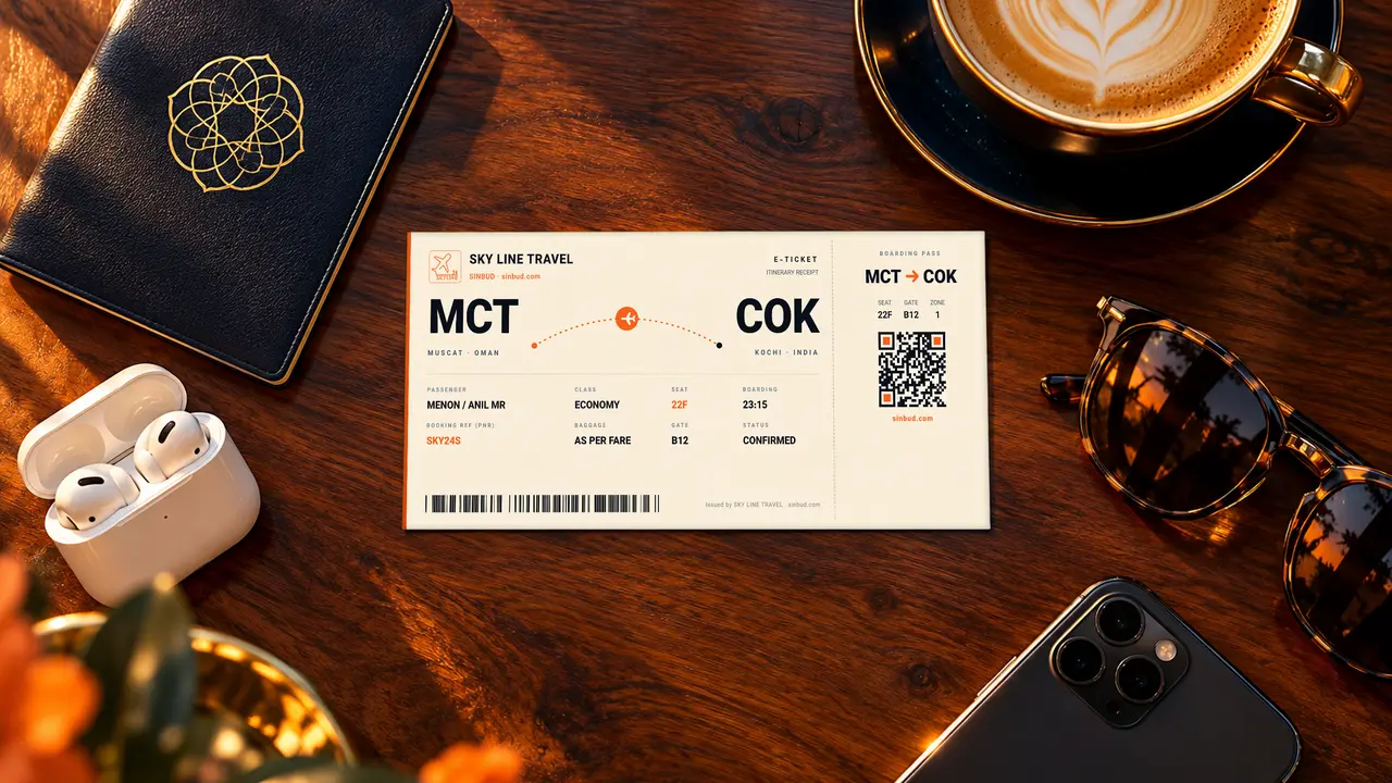 Flat-lay of a passport, a coffee, earbuds and a SKY LINE TRAVEL boarding pass from Muscat (MCT) with the gate and boarding time