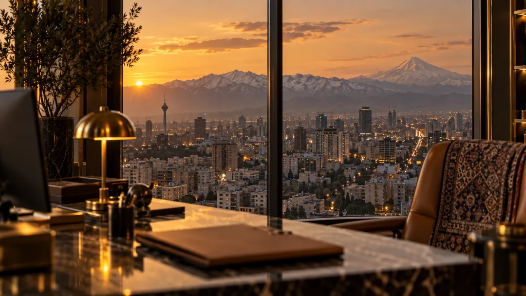 غروب تهران از پنجرهٔ دفتر آژانس، با چراغ‌های شهر، رشته‌کوه البرز و قلهٔ برف‌گرفتهٔ دماوند در دوردست